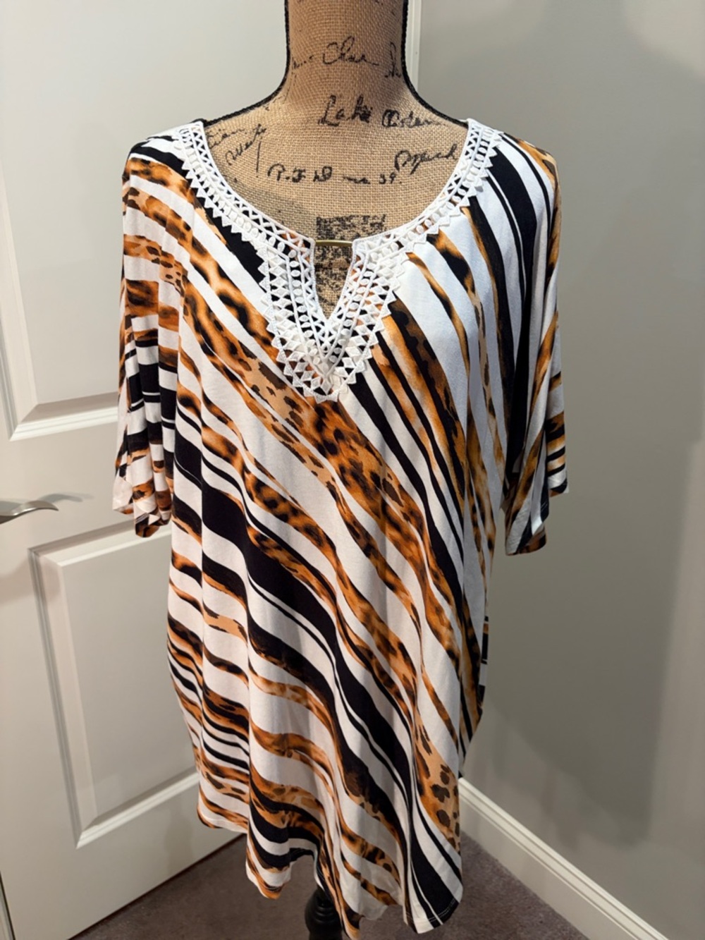 Ruby Rd. Black White and Brown Striped Animal Print Crochet V-Neck Blouse